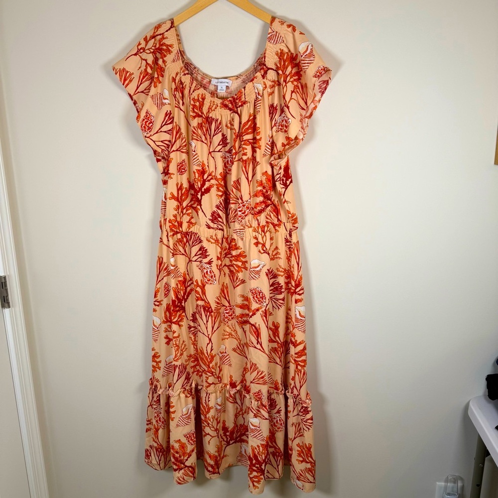 Liz Claiborne Novelty Coral Reef Ocean Print Tiered Flutter Sleeve Maxi Dress XL